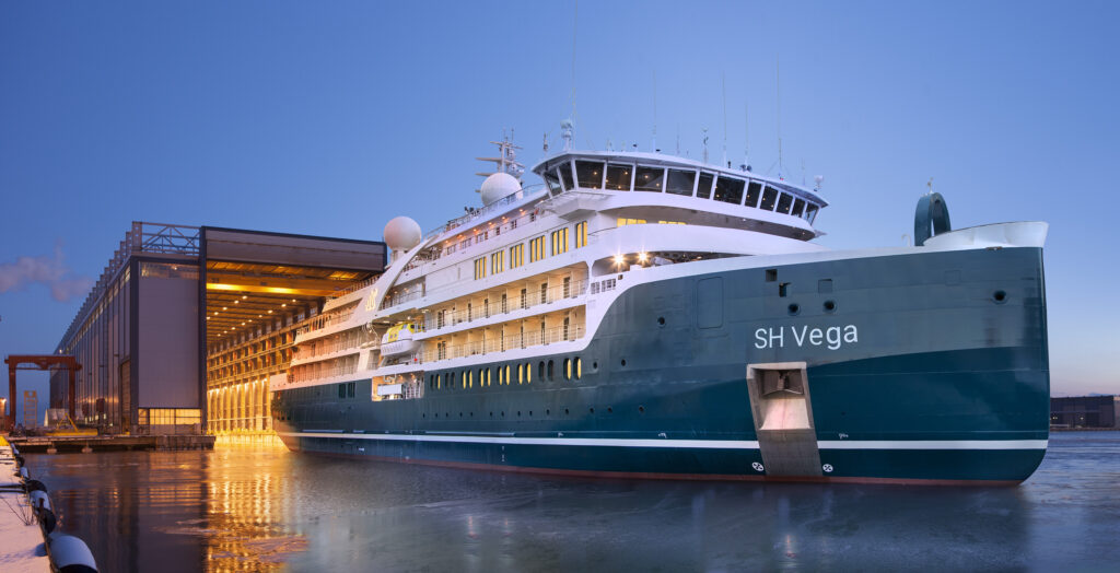 SH Vega, Swan Hellenic’s second bespoke expedition cruise ship, is now on the water. Helsinki Shipyard floats out second of three next-generation ships for cultural expedition cruise pioneer (February 2022)